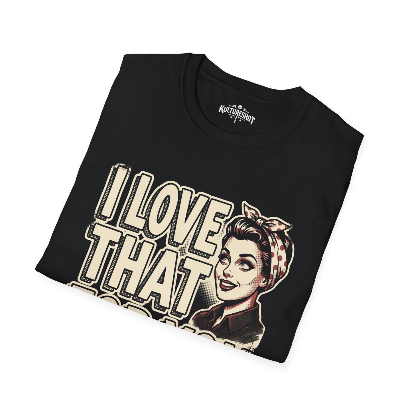 Folded black t-shirt with 'I Love That' graphic and vintage-style illustration on a white background