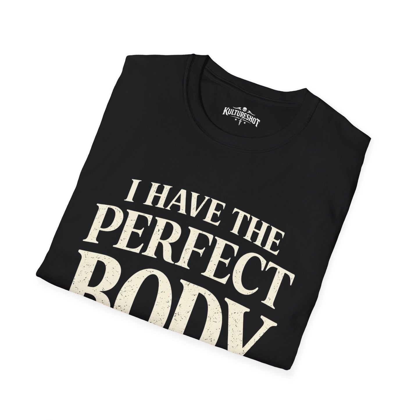 Black t-shirt with kultureshot logo on a white background