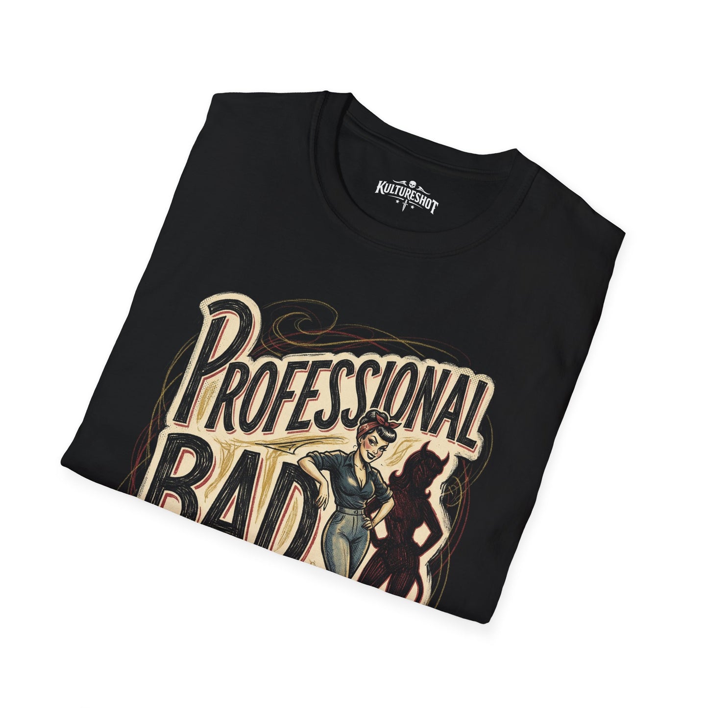 Black t-shirt with 'Professional Bad Influence' graphic design on a white background