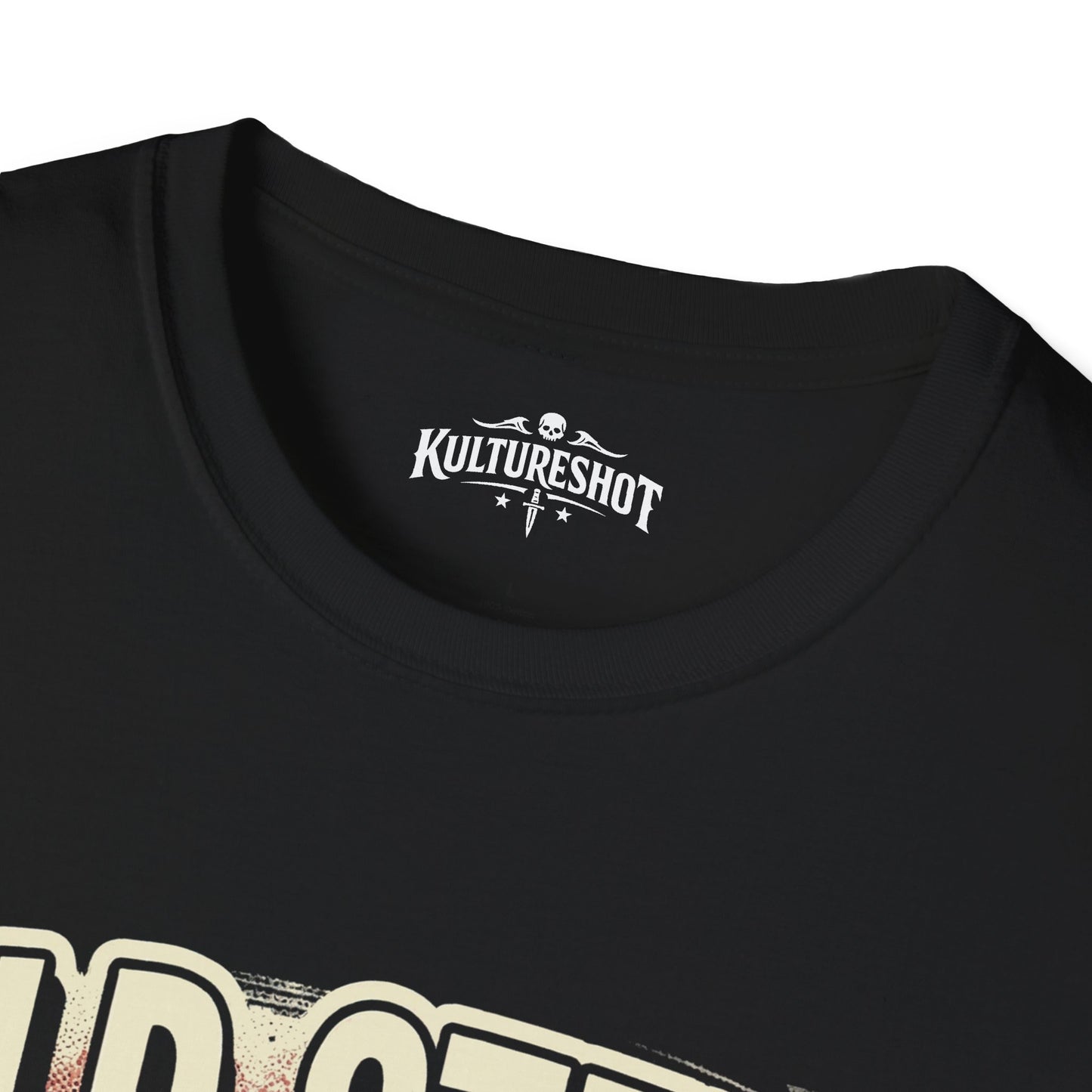 Black t-shirt with 'KultureShot' logo on a white background