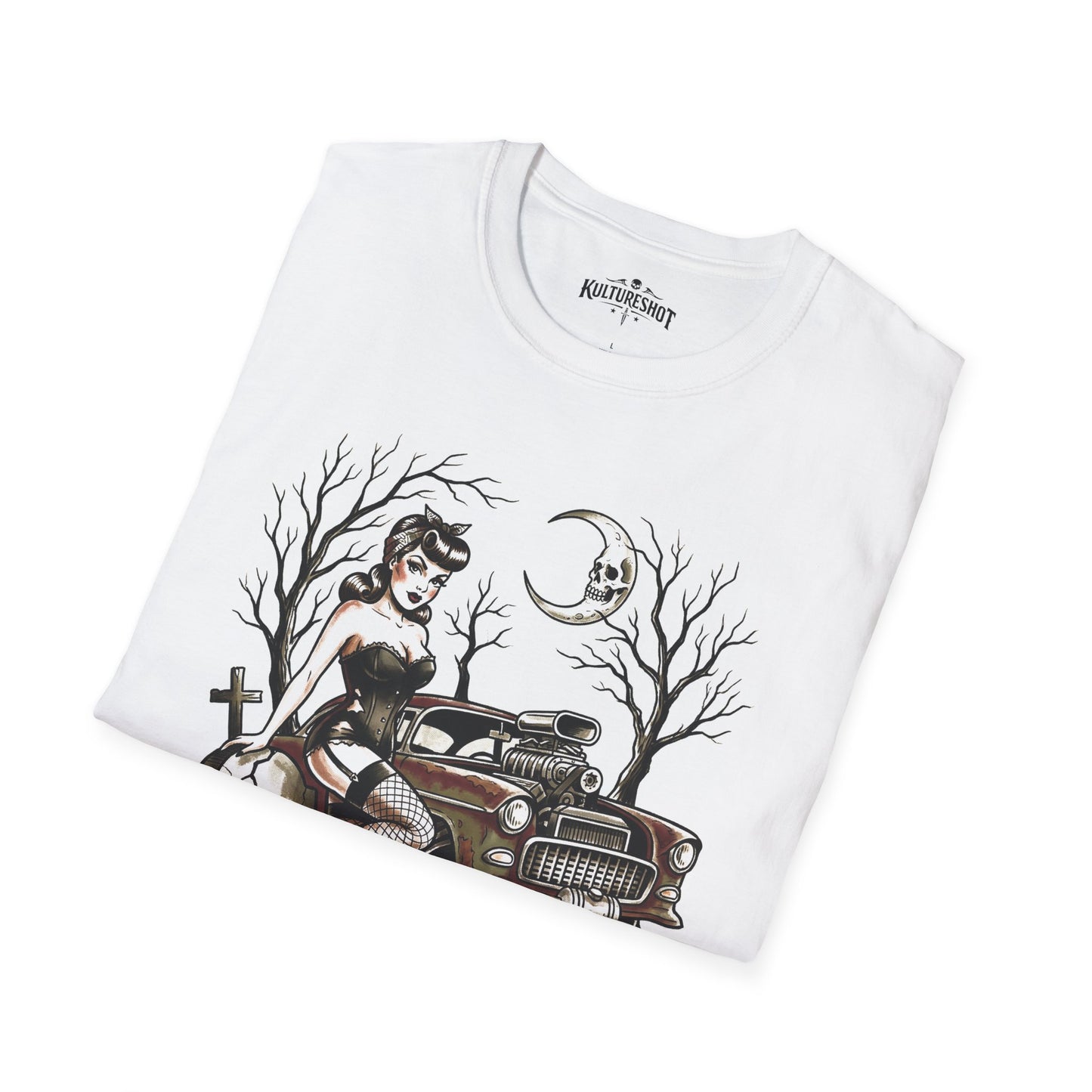 White t-shirt with a graphic design of a woman, car, and moon on a white background