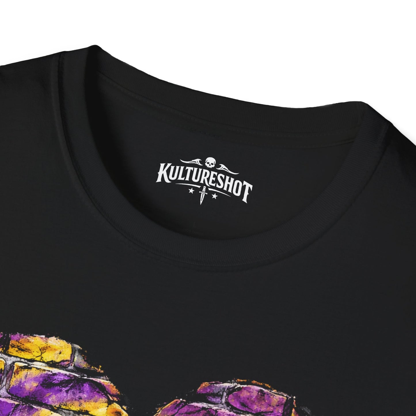 Black t-shirt with a colorful graphic design and 'KultureShot' logo on a white background