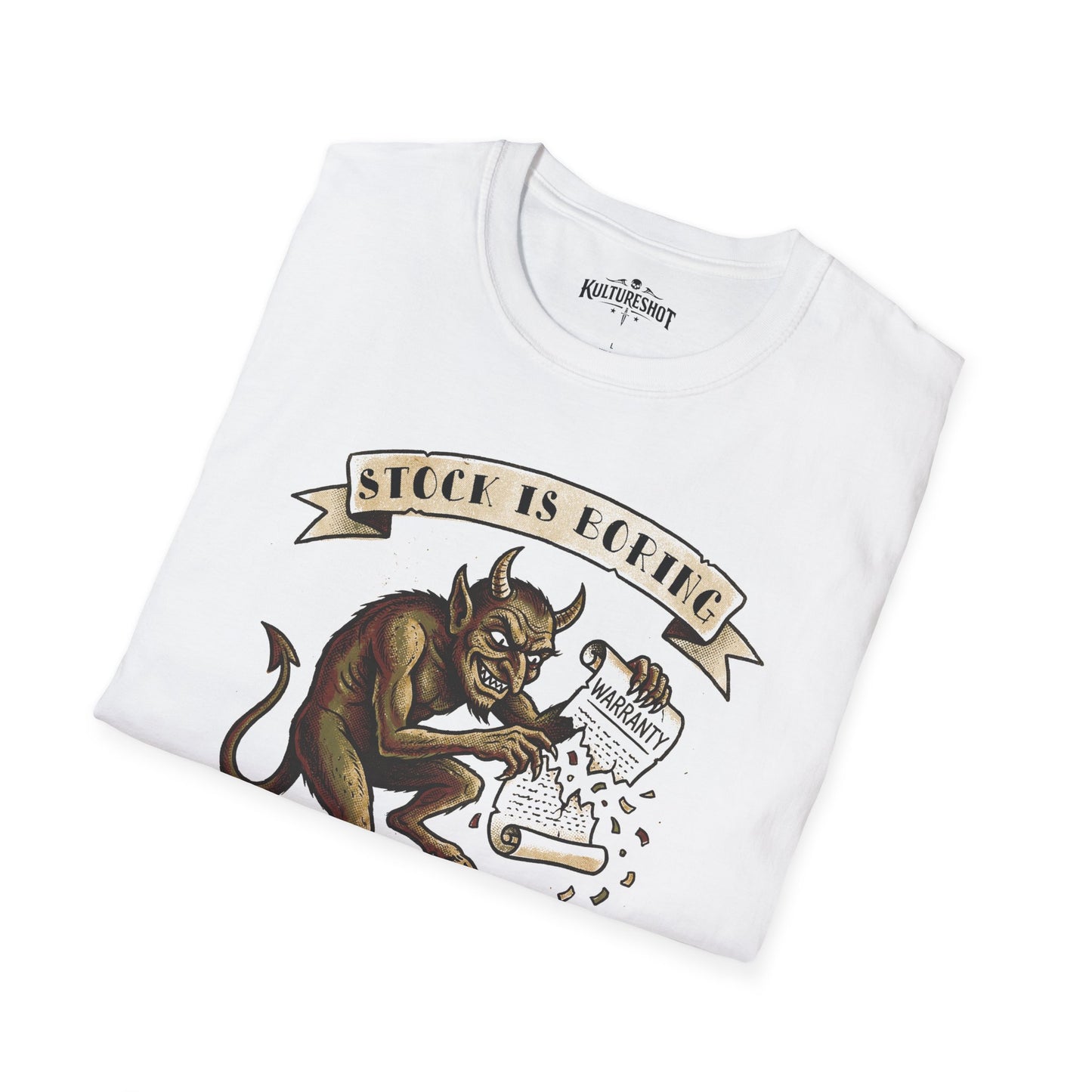 White t-shirt with a graphic design of a devil and text 'Stock is Boring' on a white background