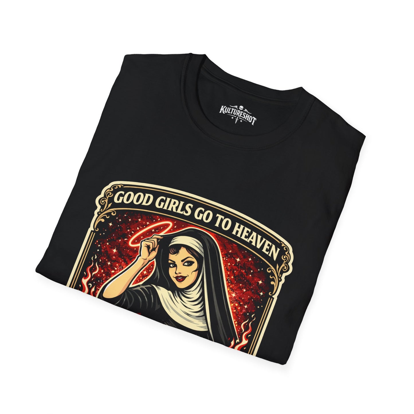 Black t-shirt with graphic design and text 'Good Girls Go to Heaven' on a white background