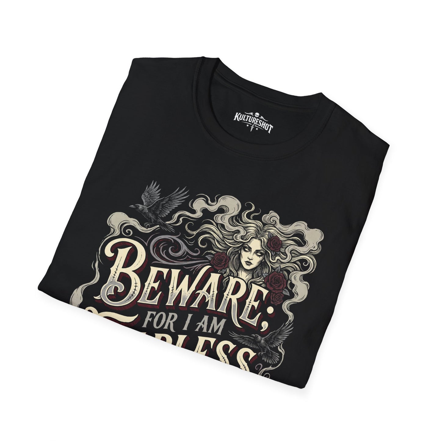Black t-shirt with a graphic design and text on a white background