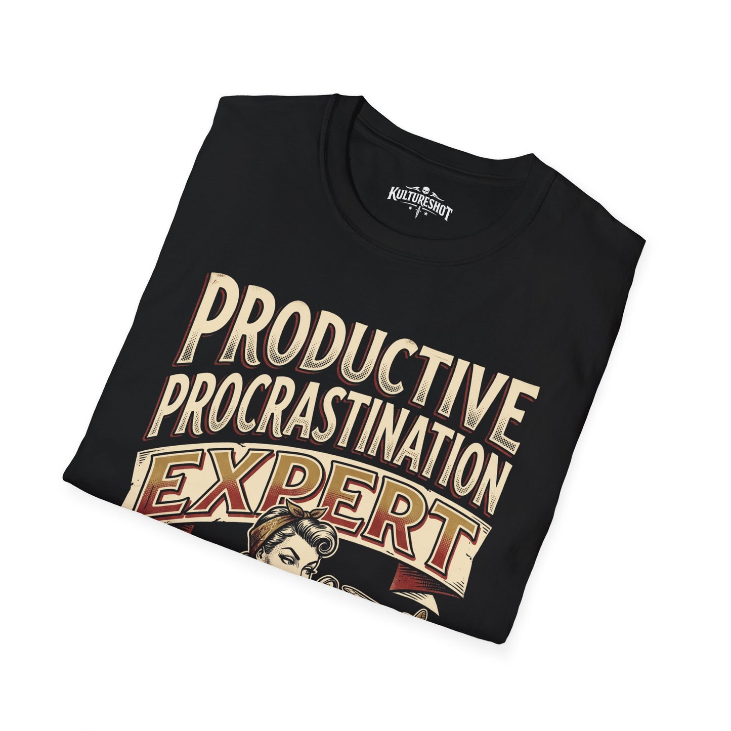 Black t-shirt with 'Productive Procrastination Expert' text and graphic on a white background
