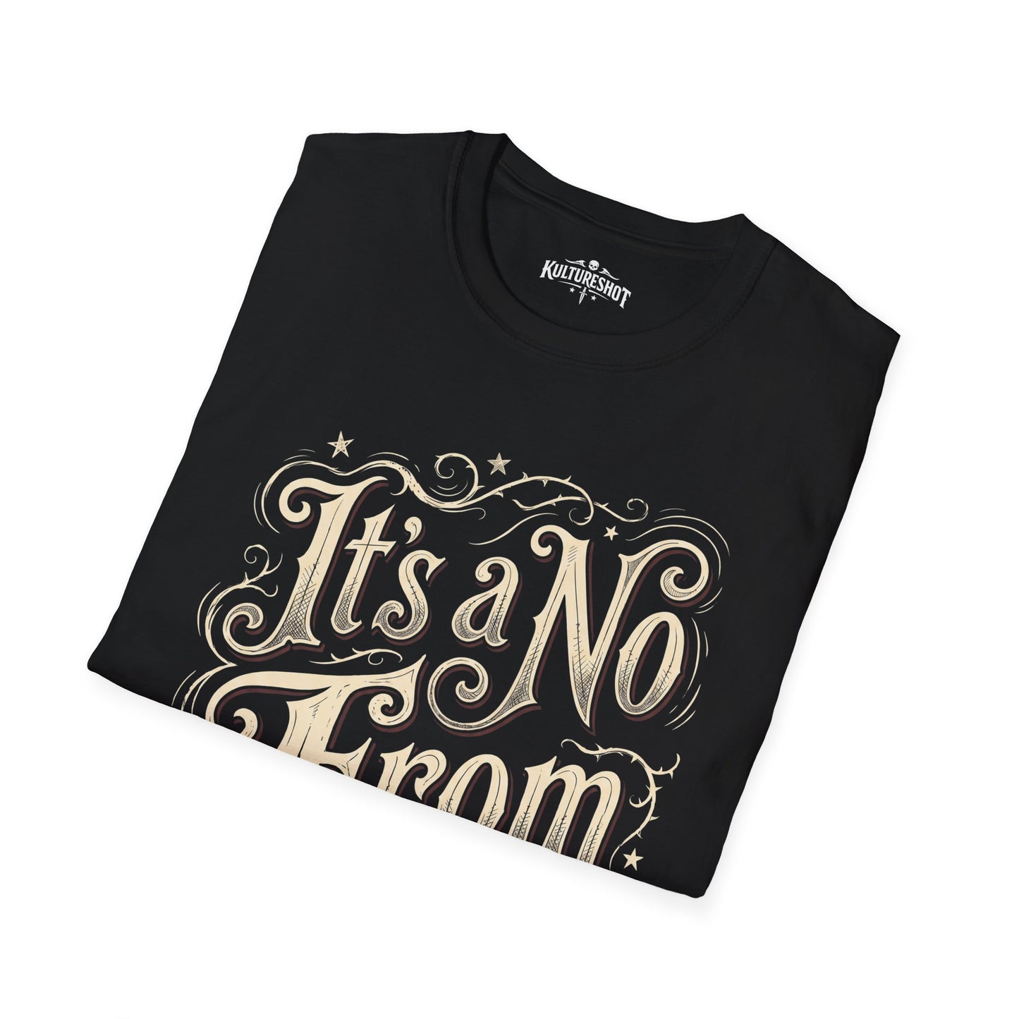 Folded black t-shirt with text on a white background