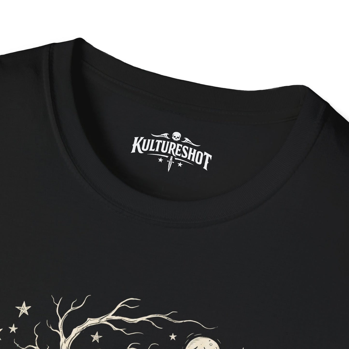Black t-shirt with 'Kultureshot' logo and tree design on a white background