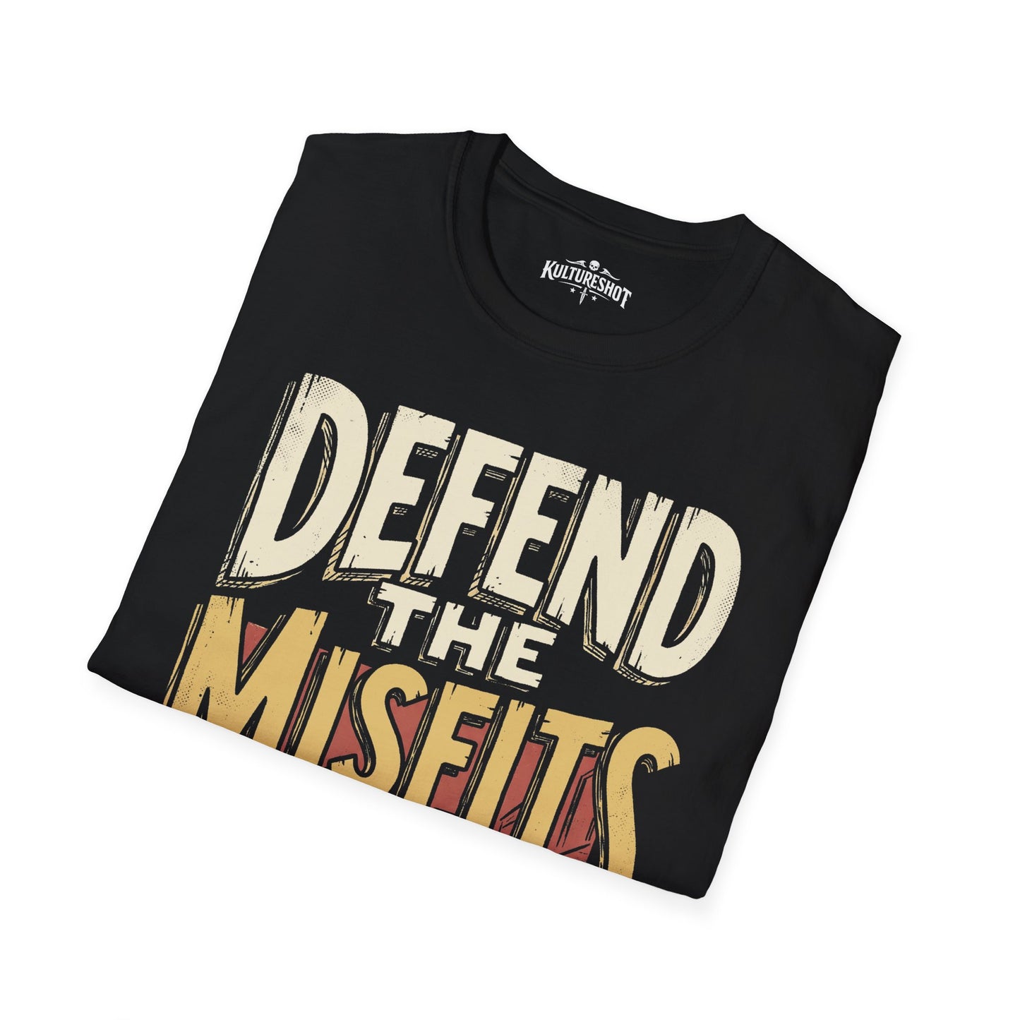 Black t-shirt with 'Defend the Misfits' text on a white background