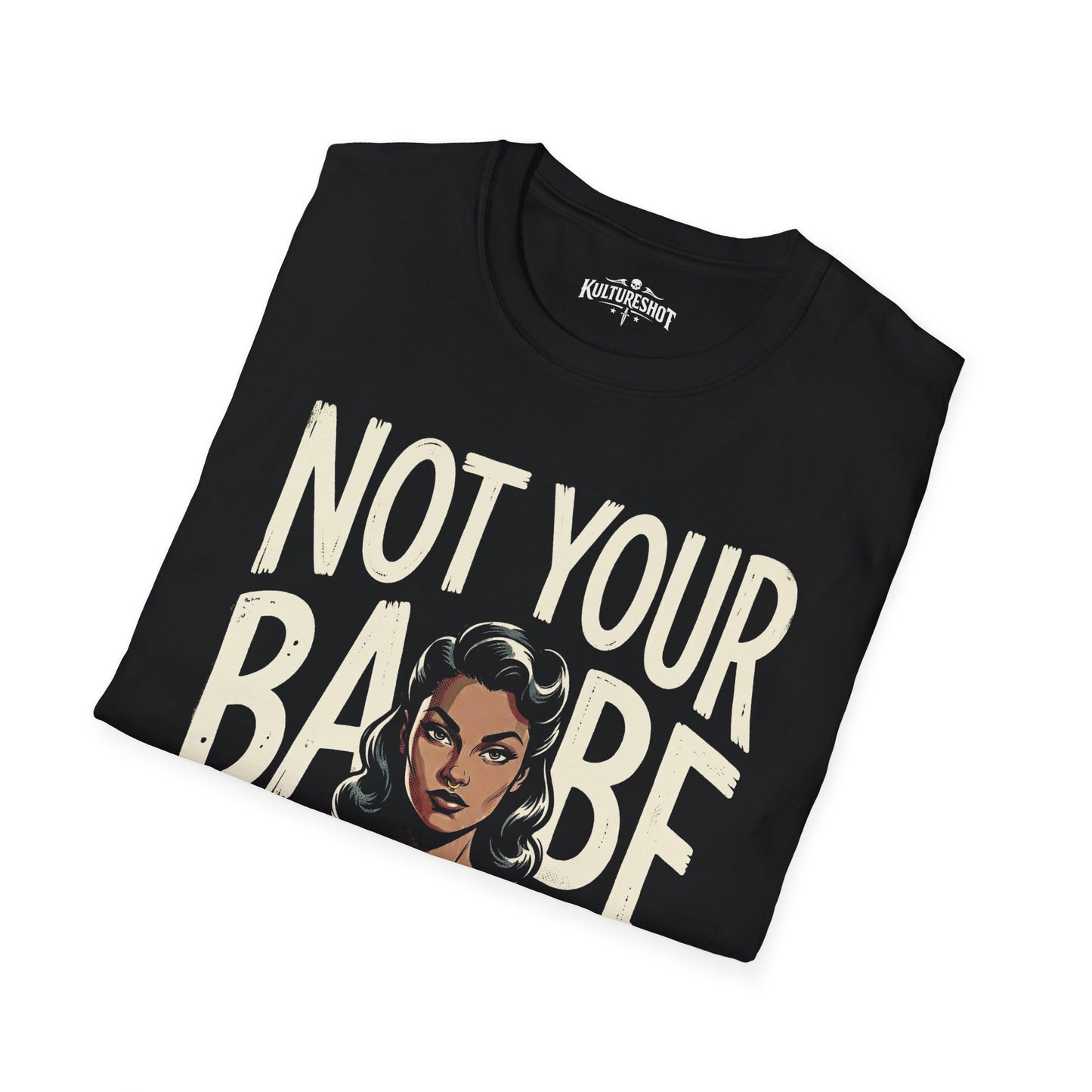 Black t-shirt with graphic design and text on a white background