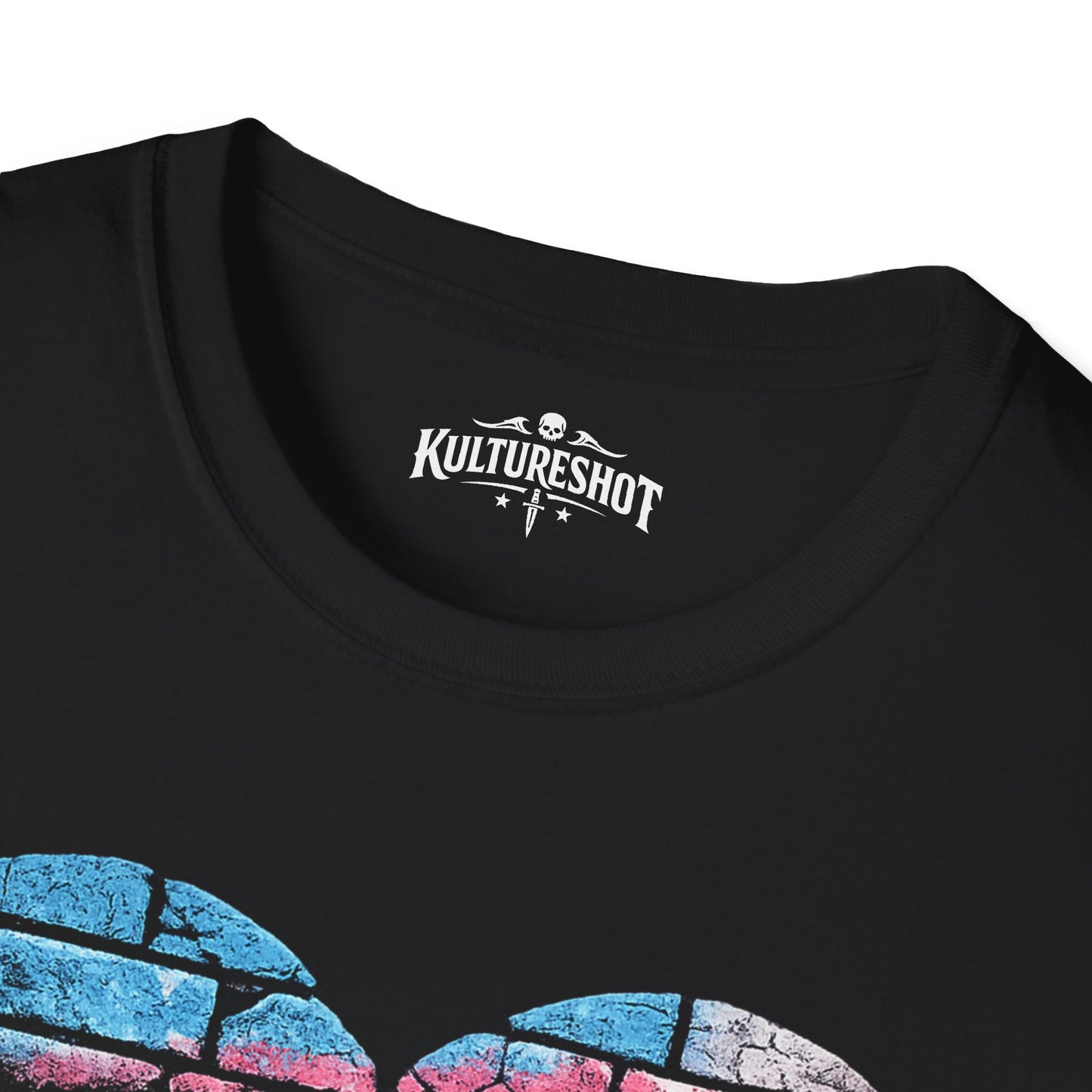 Black t-shirt with 'KultureShot' logo and abstract design on a white background