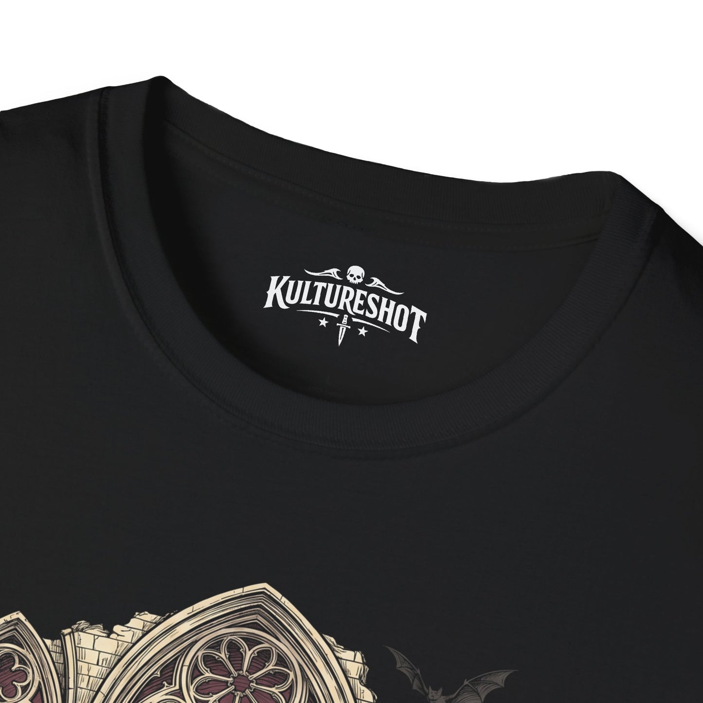 Black t-shirt with 'KultureShot' logo and decorative design on a white background