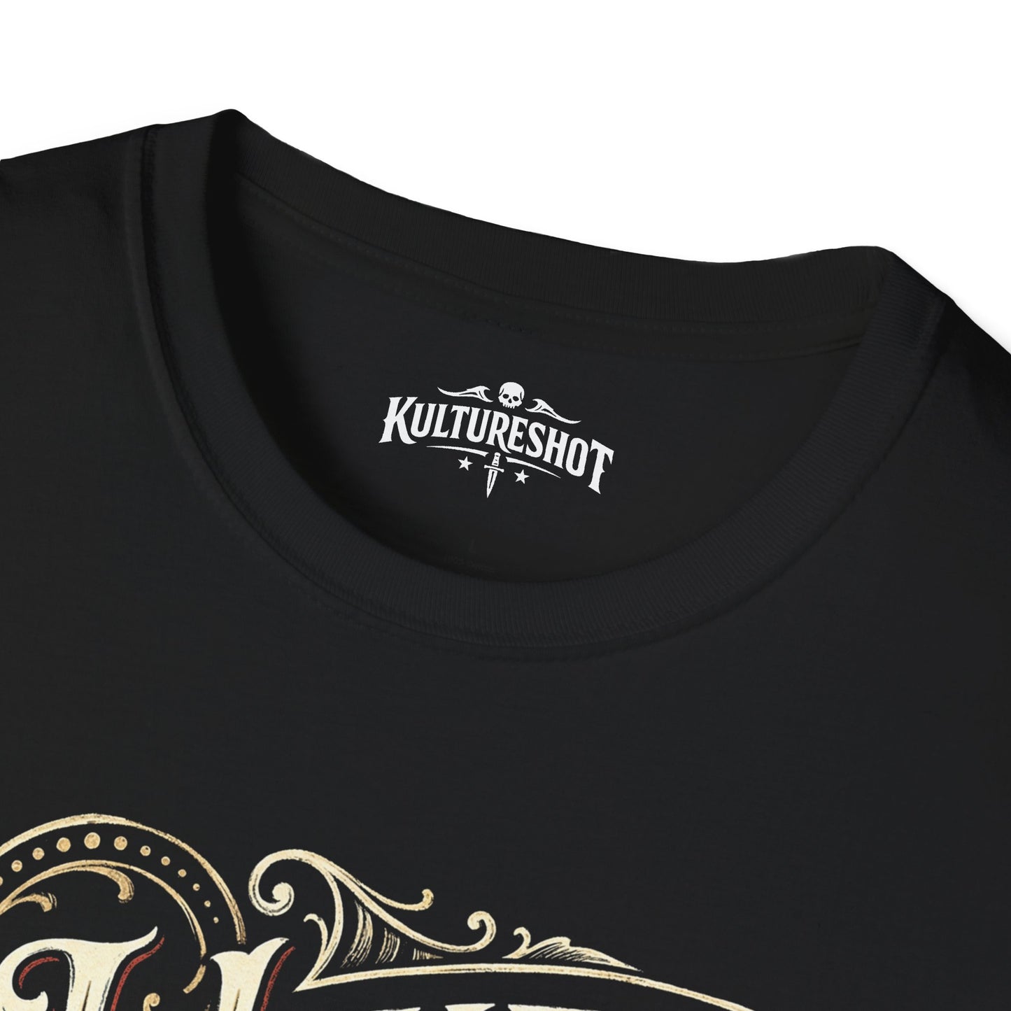 Black t-shirt with a white logo on the collar