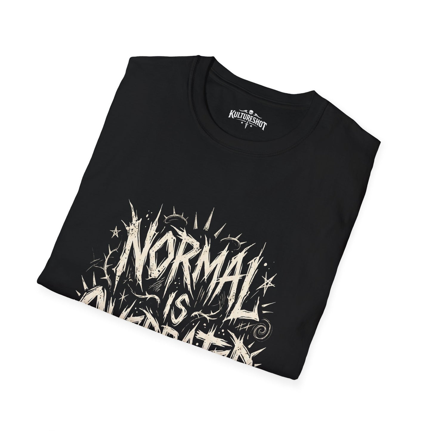 Black t-shirt with white graphic design on a white background