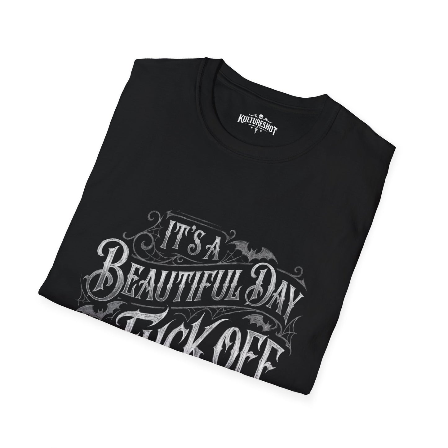 Black t-shirt with white text design on a white background