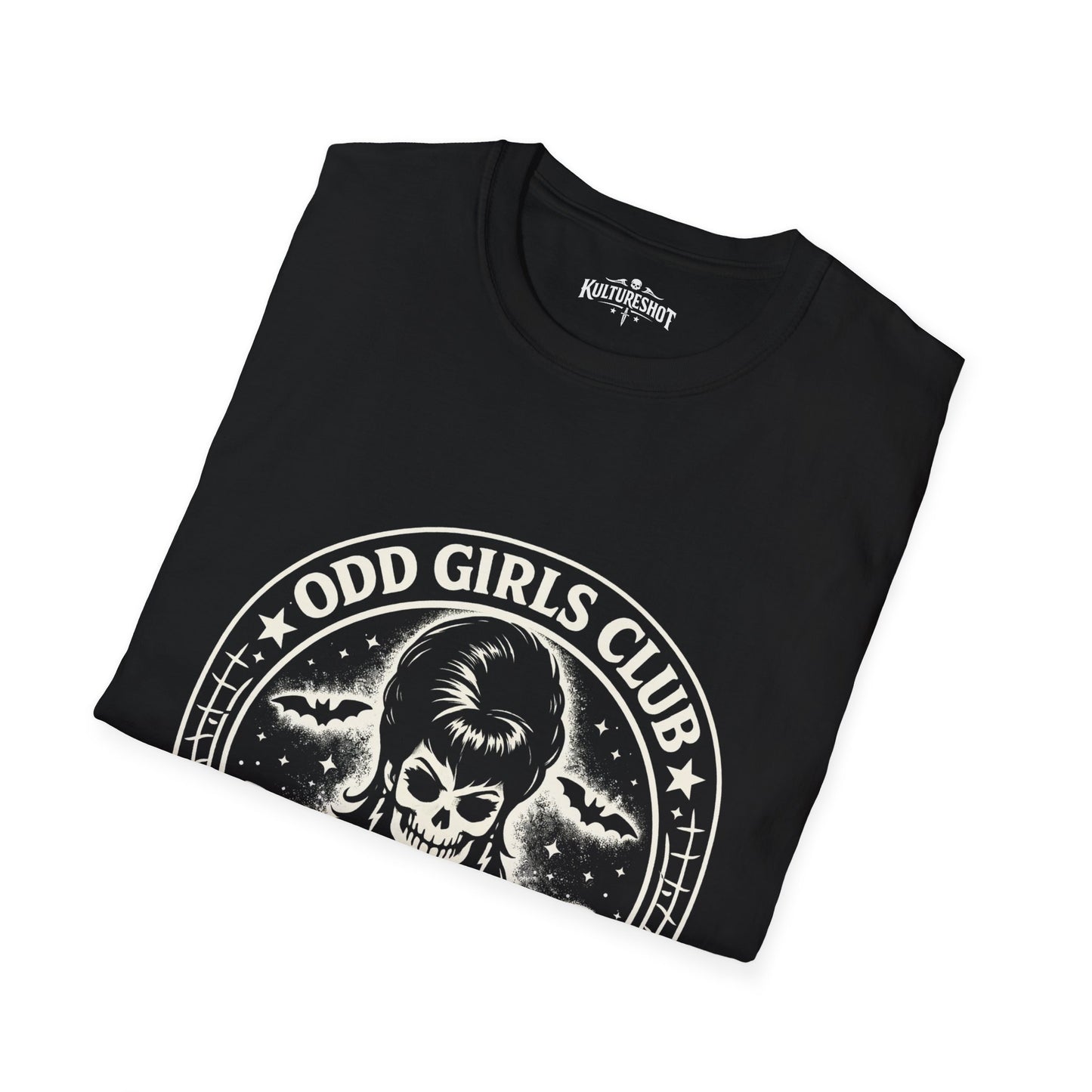 Black t-shirt with a Kultureshot design on a white background