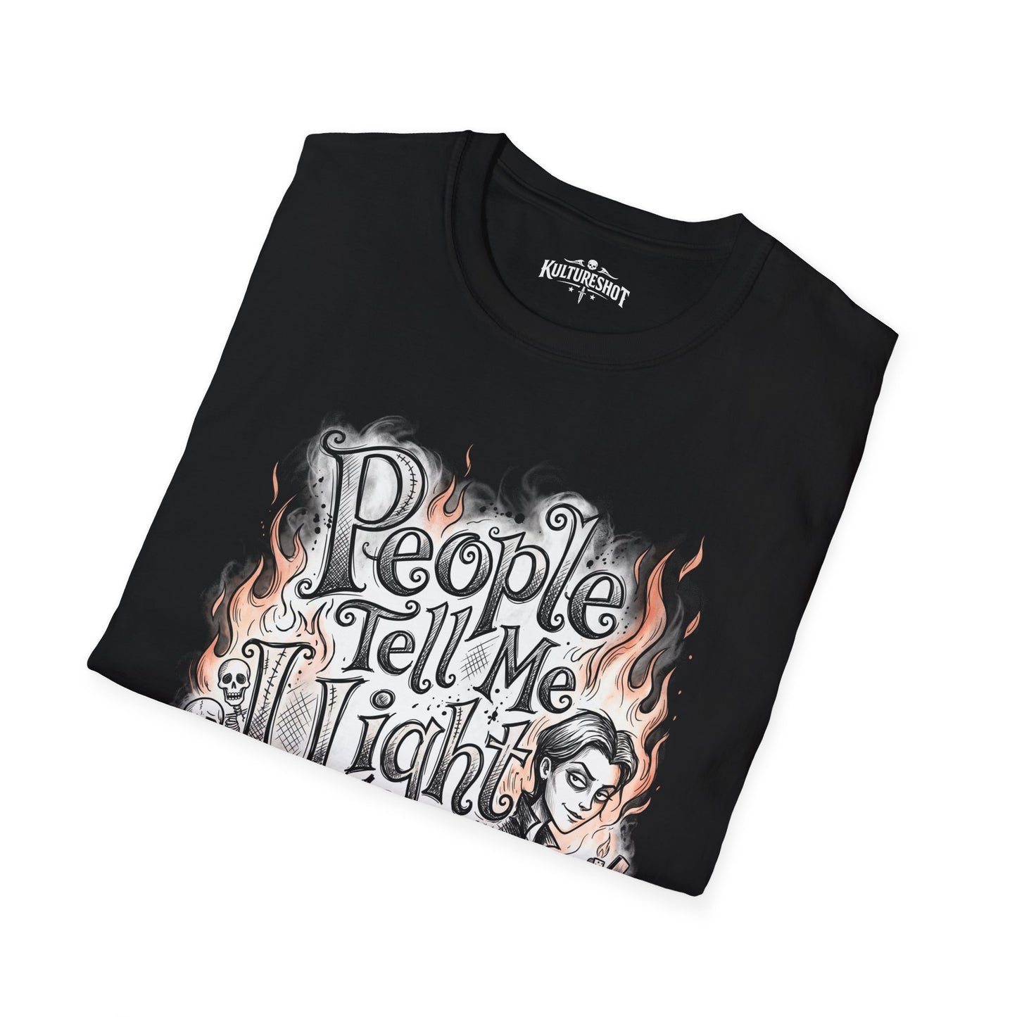 Black t-shirt with graphic design and text on a white background