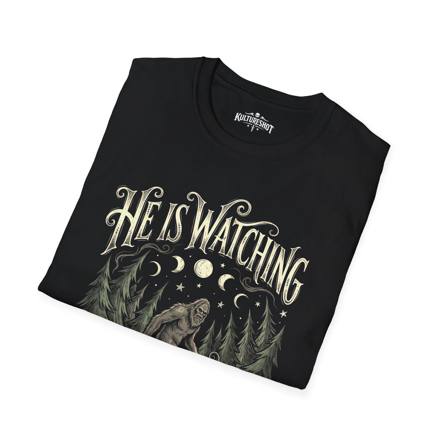 Black t-shirt with 'He is Watching' design on a white background