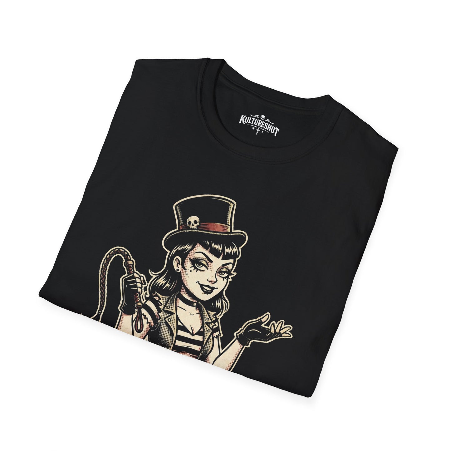 Black t-shirt with a graphic design of a woman in a top hat on a white background