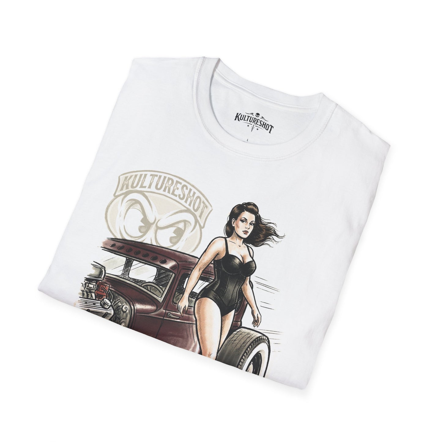 White t-shirt with a graphic design of a woman with a car and 'Kulture Shot' branding.