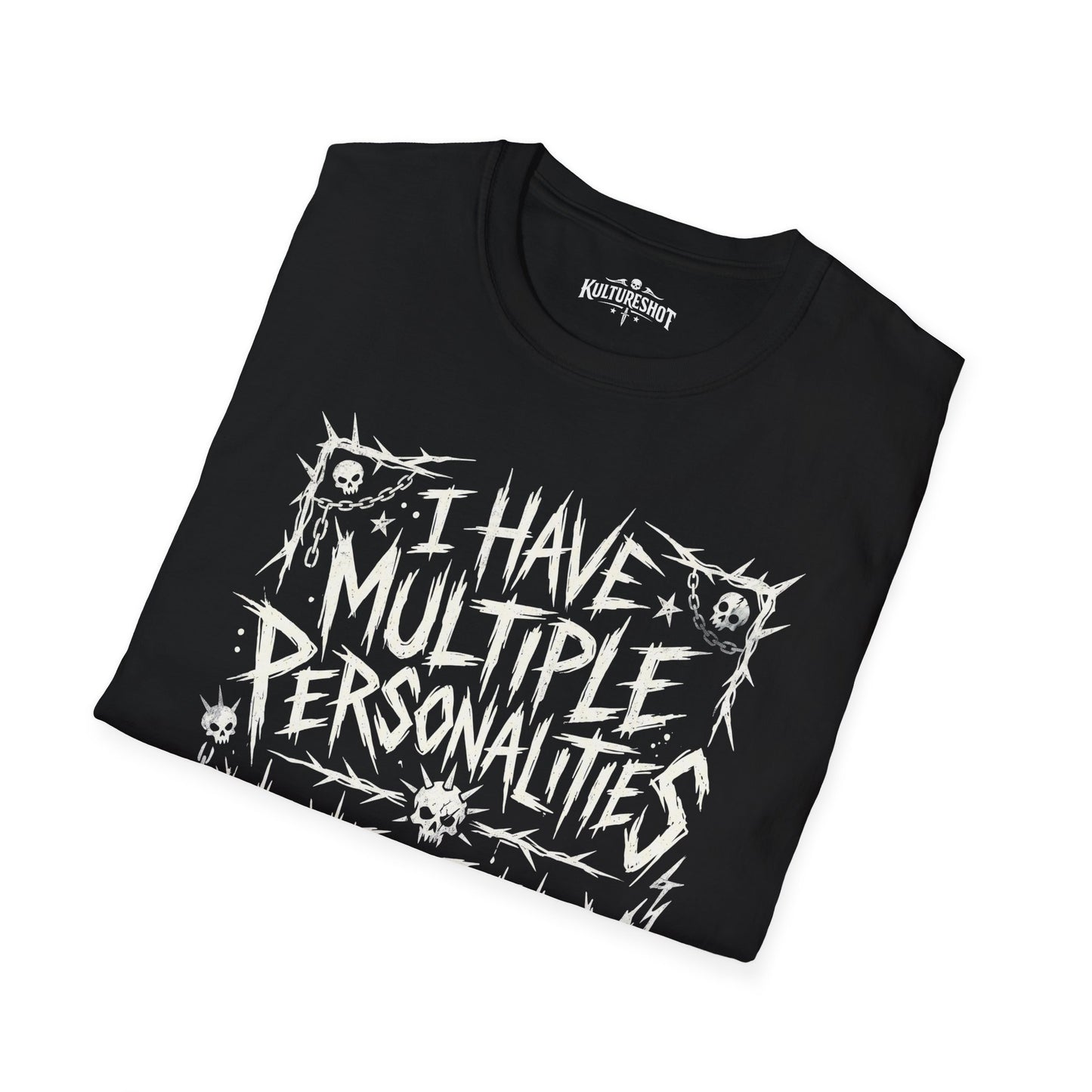 Black t-shirt with text printed on a white background