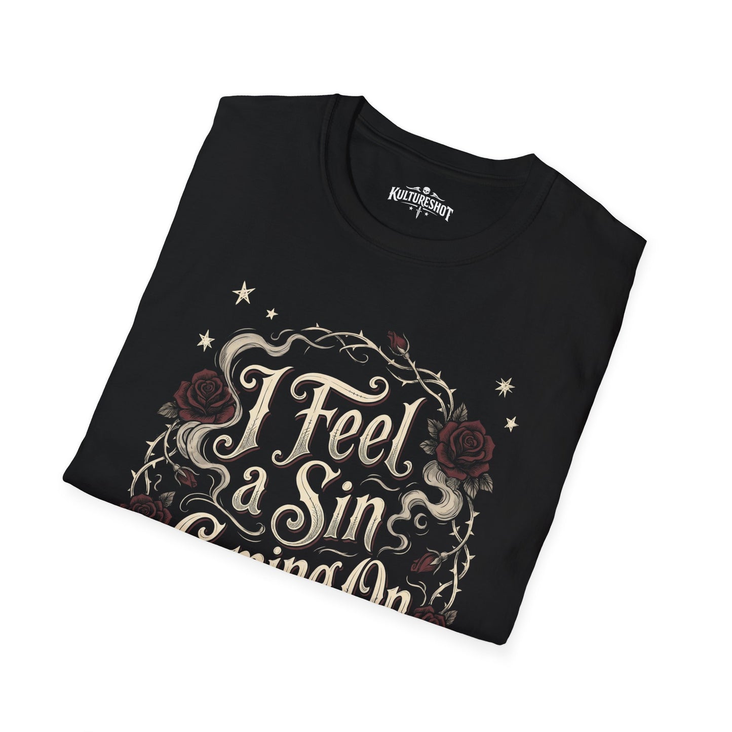 Folded black t-shirt with kultureshot branding