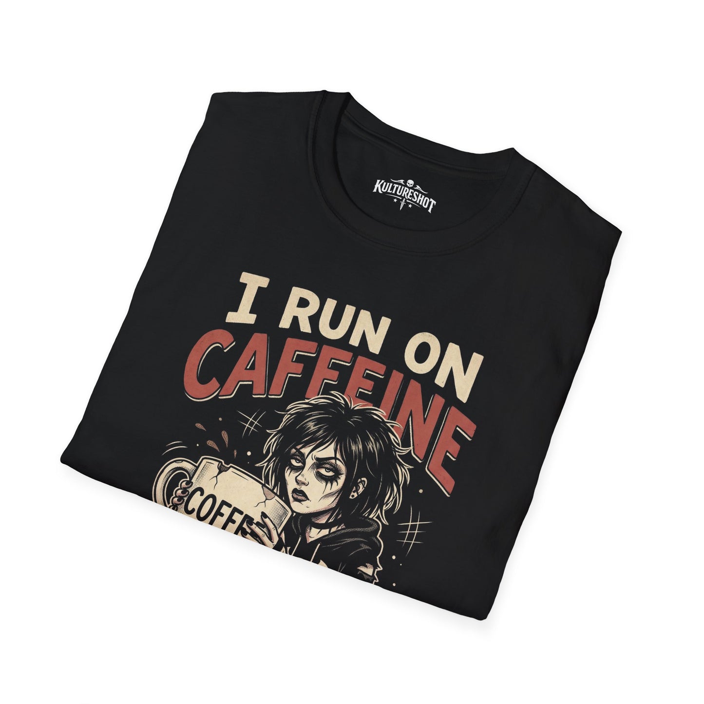 Black t-shirt with graphic design and text 'I Run on Caffeine' on a white background