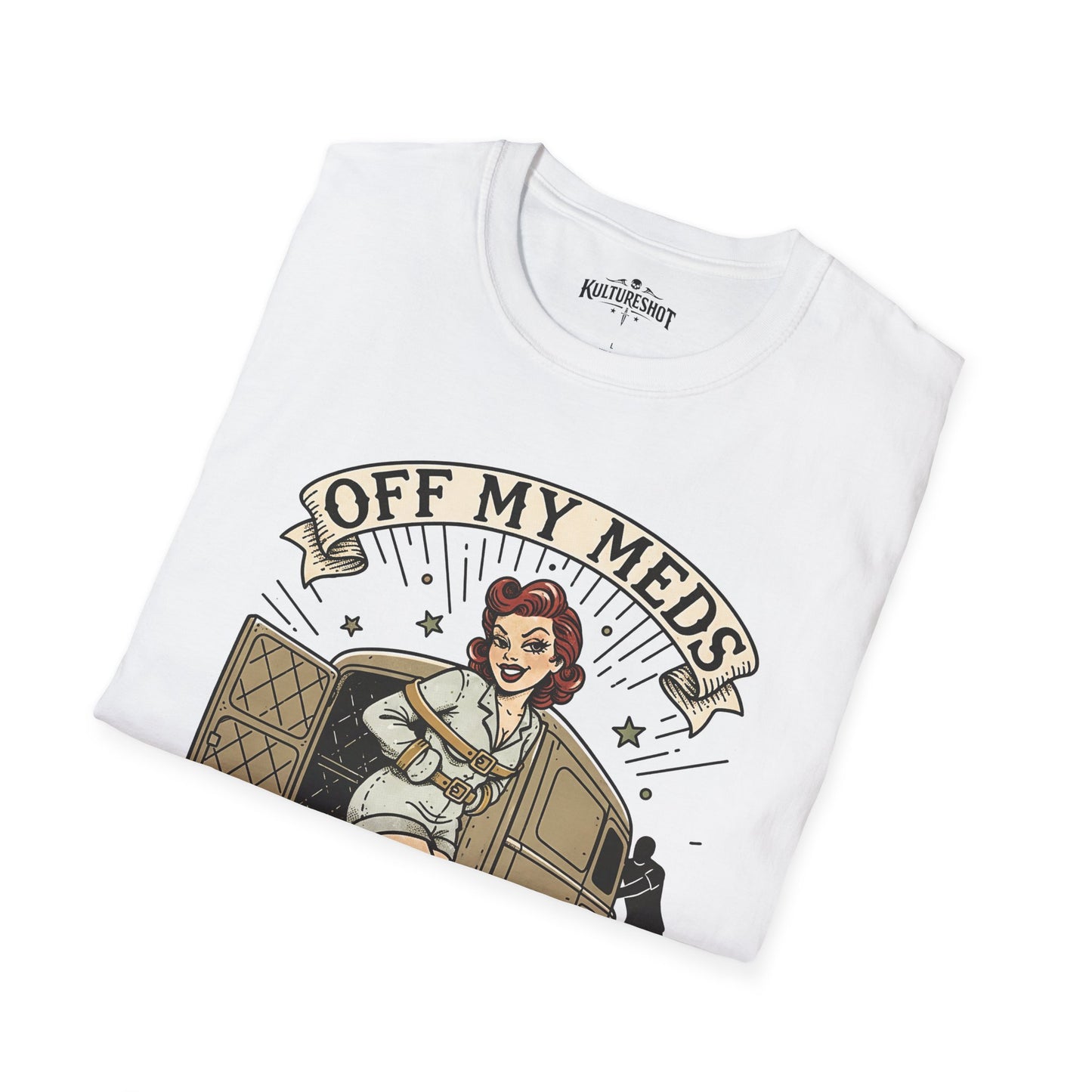 White t-shirt with graphic design and text 'Off My Meds' on a white background