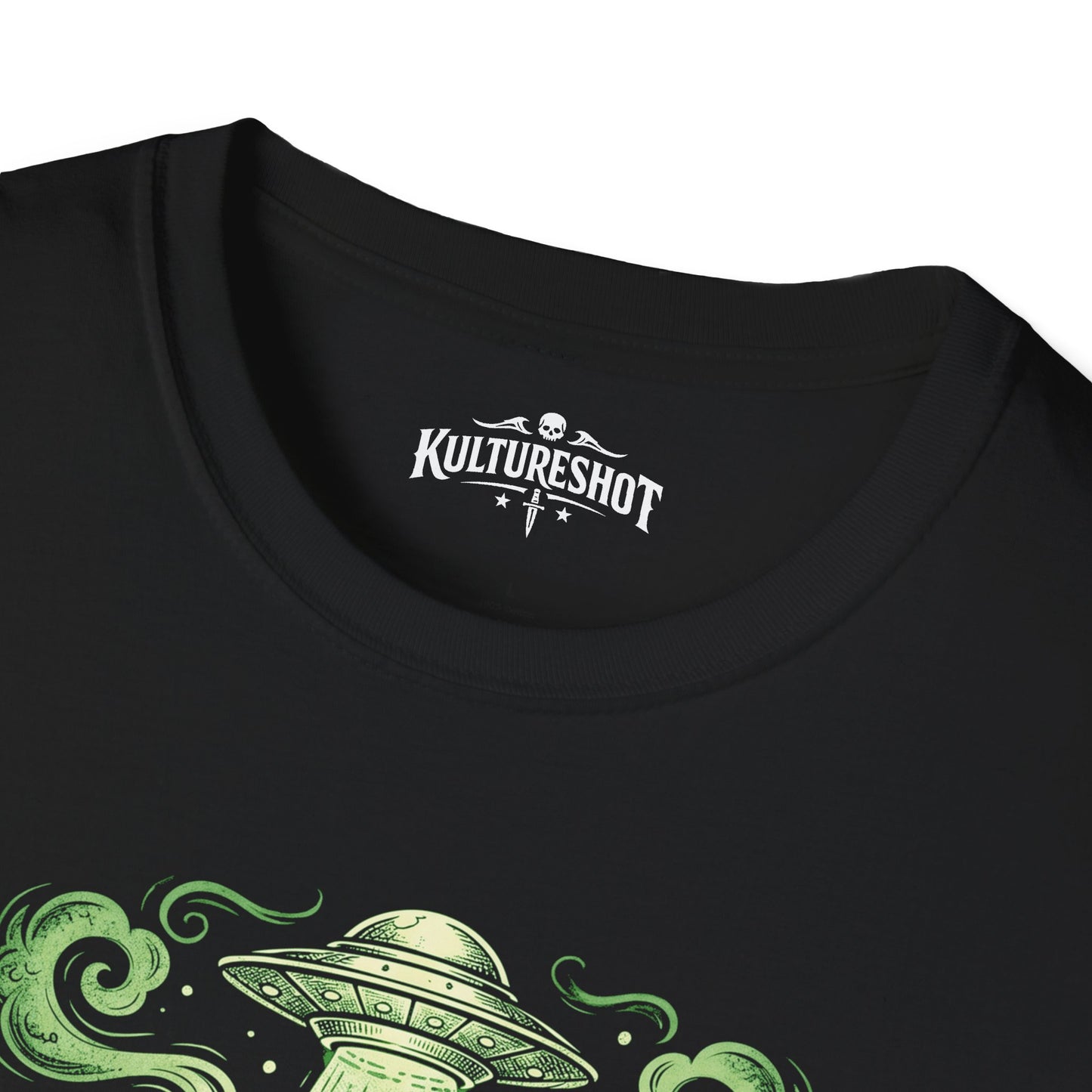 Black t-shirt with a green UFO design and 'Kultureshot' logo on a white background