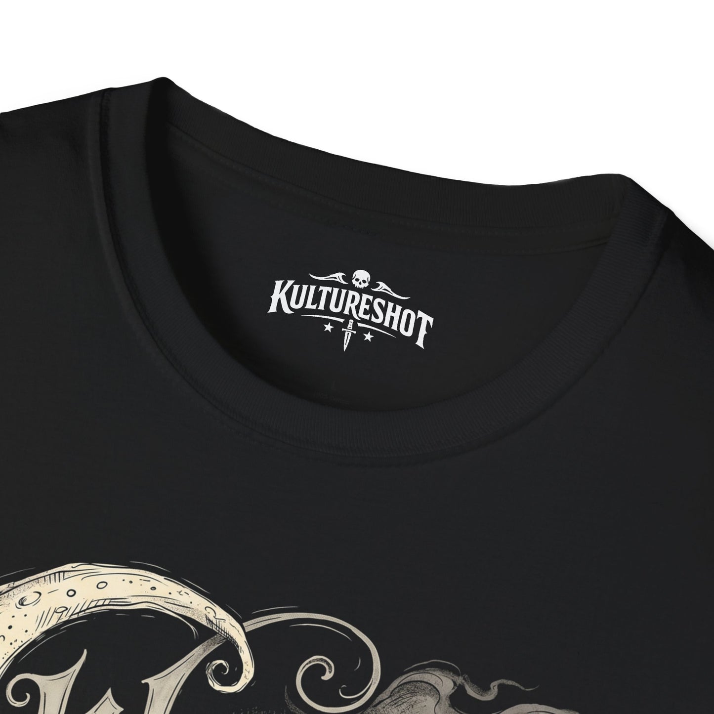 Black t-shirt with 'KultureShot' logo on a white background