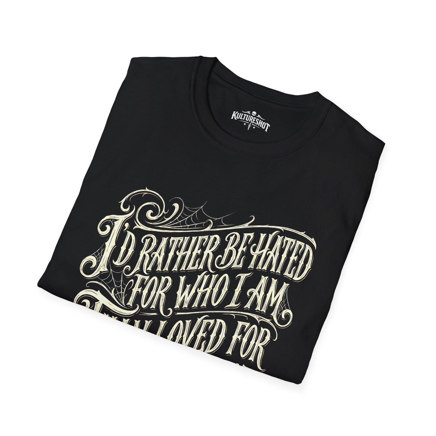Folded black t-shirt with white text on a white background