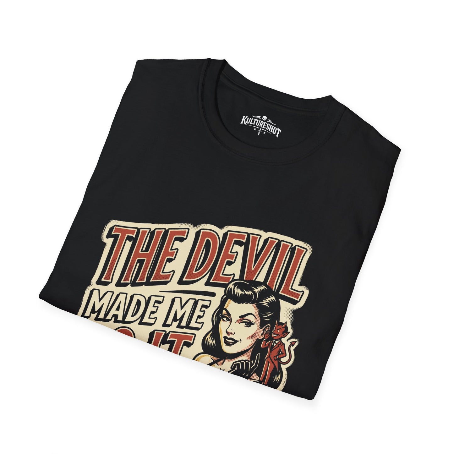 Black t-shirt with graphic design and text on a white background
