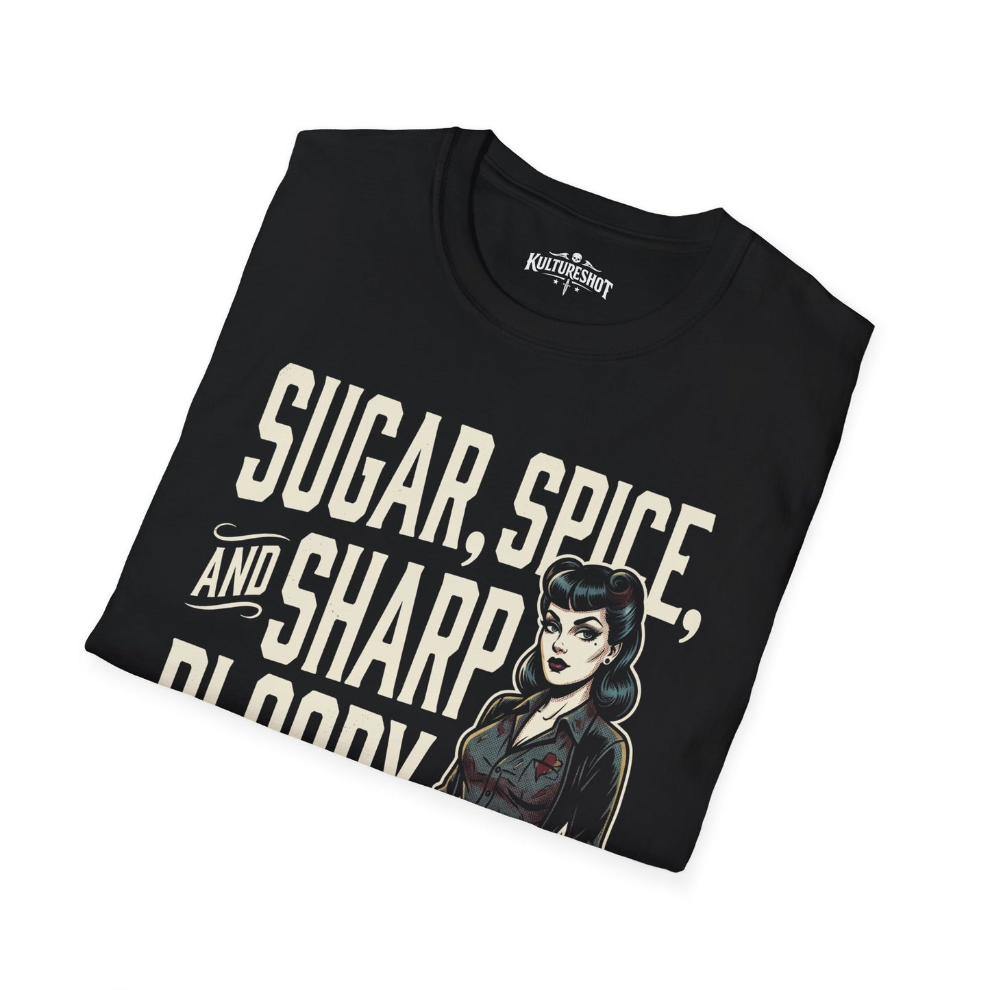Black t-shirt with white text on a white background