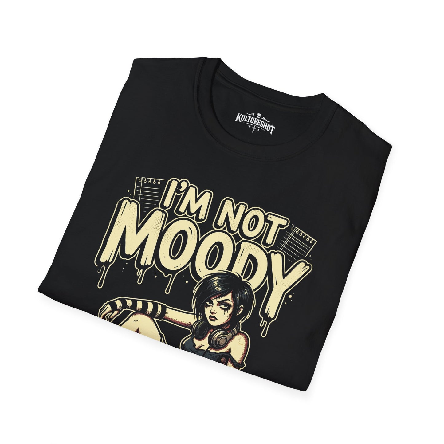Black t-shirt with 'I'm Not Moody' graphic design on a white background