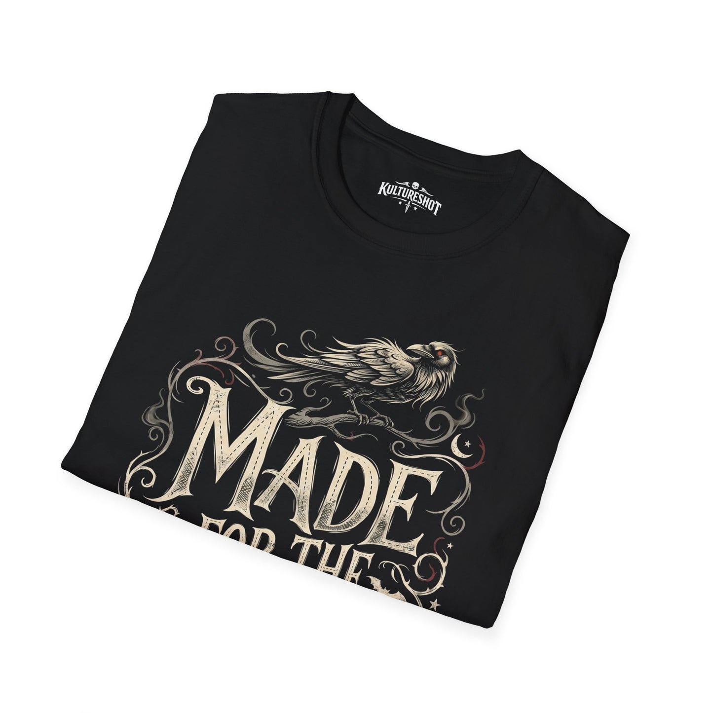 Black t-shirt with white graphic design on a white background