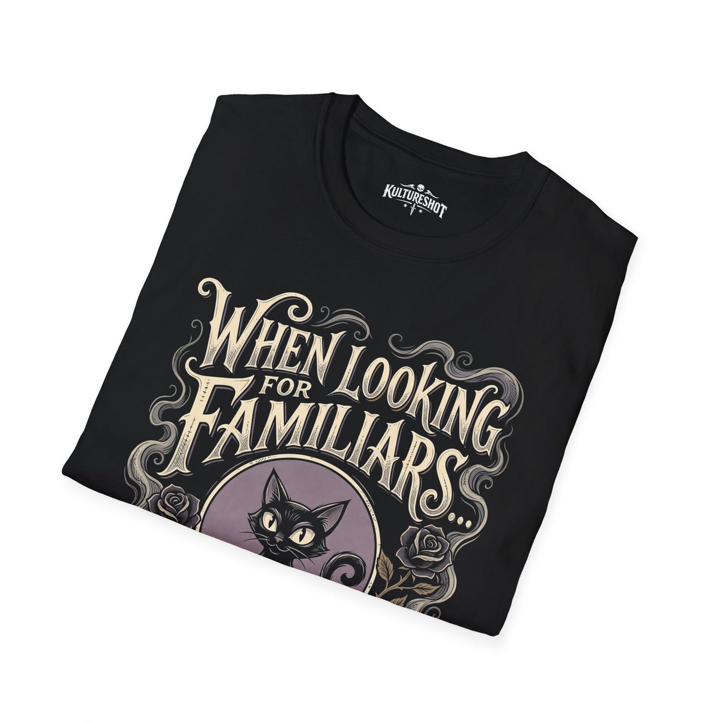 Black t-shirt with a cat graphic and text on a white background