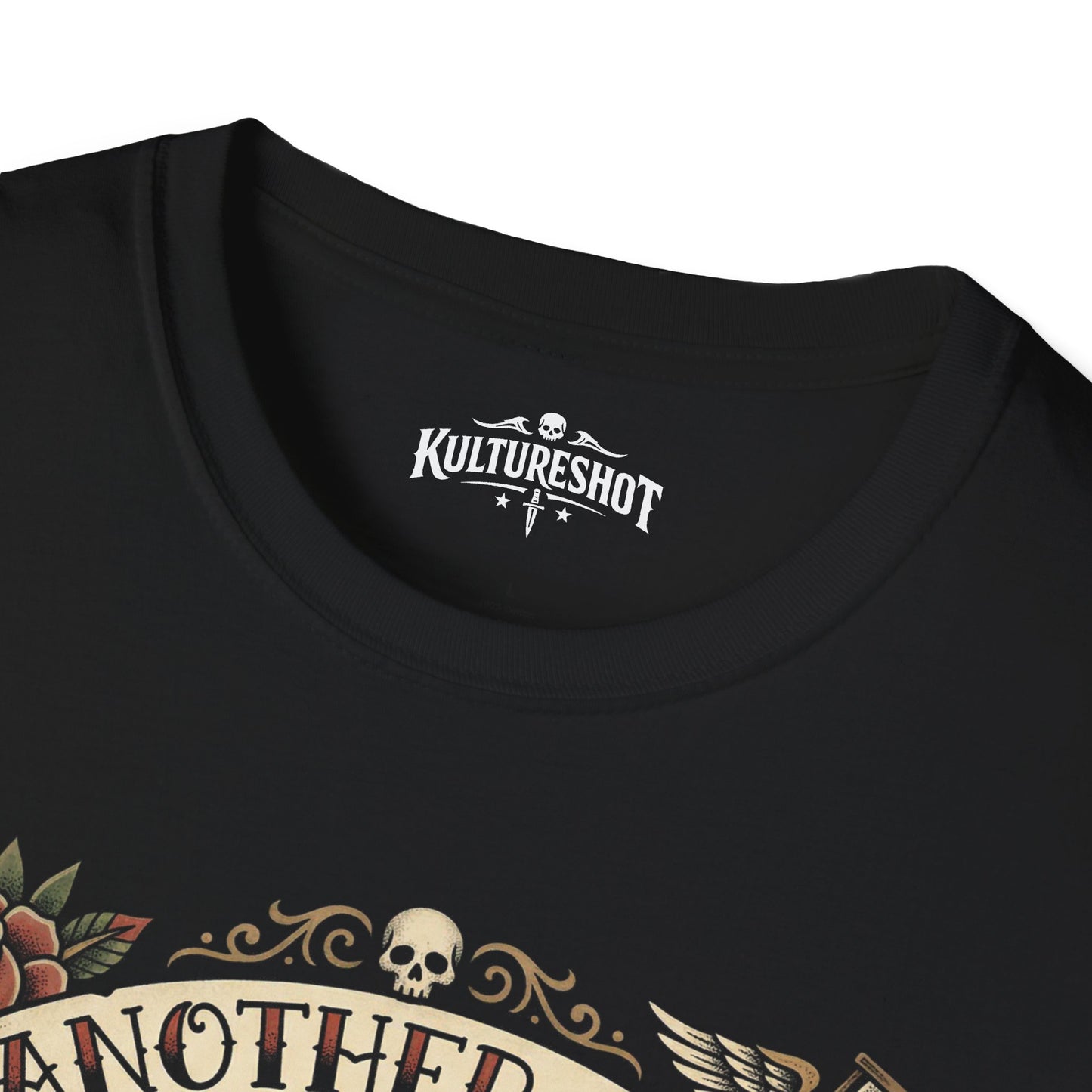 Black t-shirt with 'KultureShot' logo and decorative design on a white background
