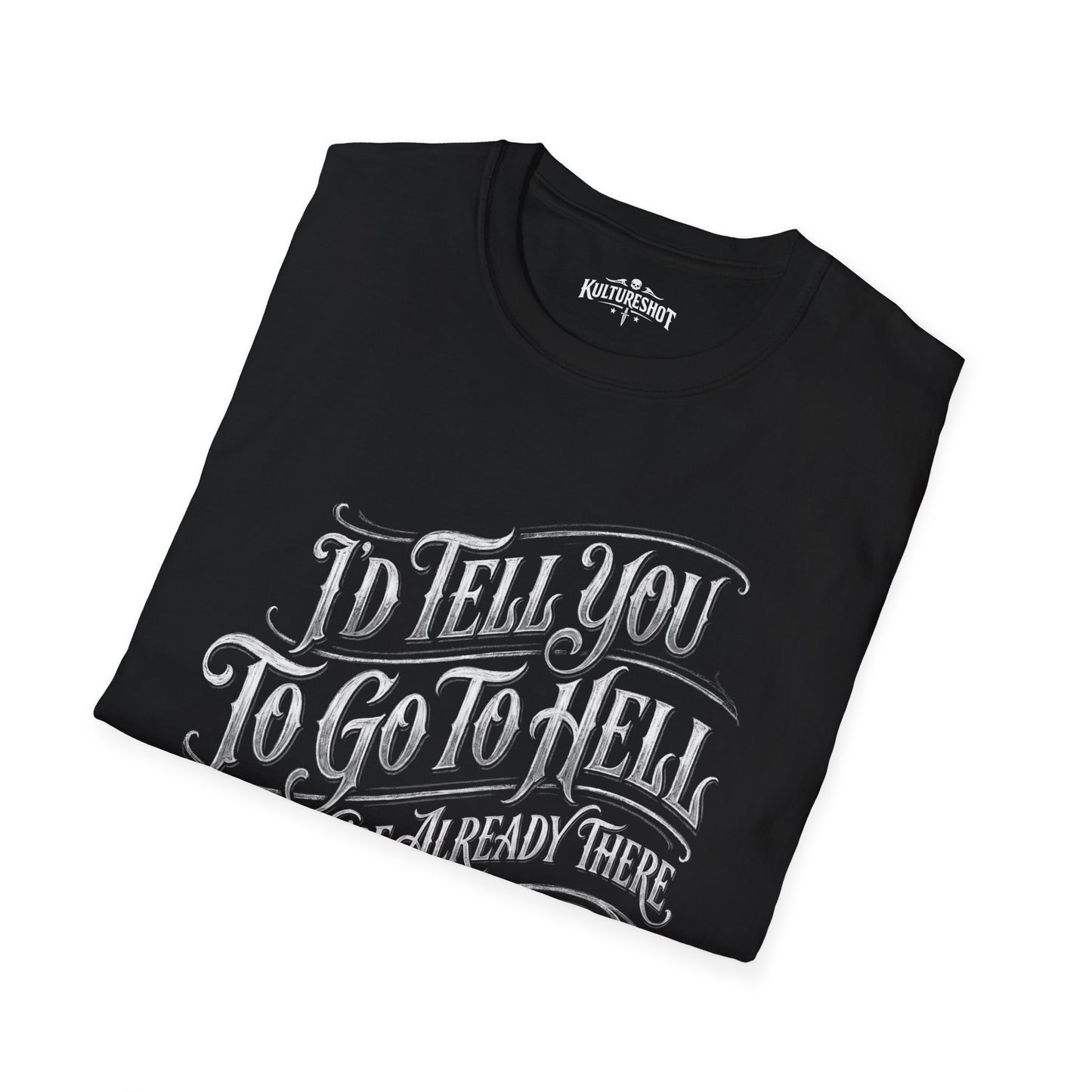 Black t-shirt with white text on a white background