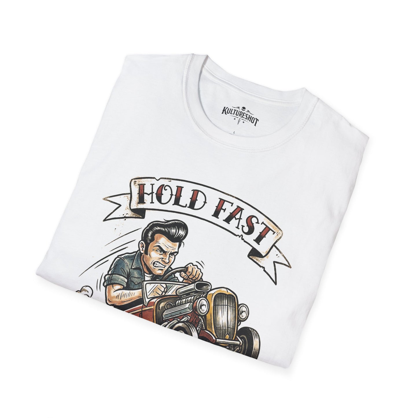 White t-shirt with a graphic of a man in a hotrod and 'Hold Fast' text, folded on a white background.