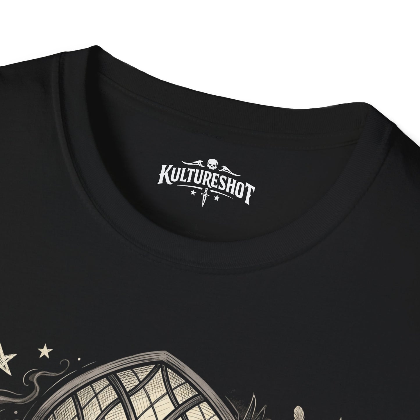 Black t-shirt with 'KultureShot' logo on a white background
