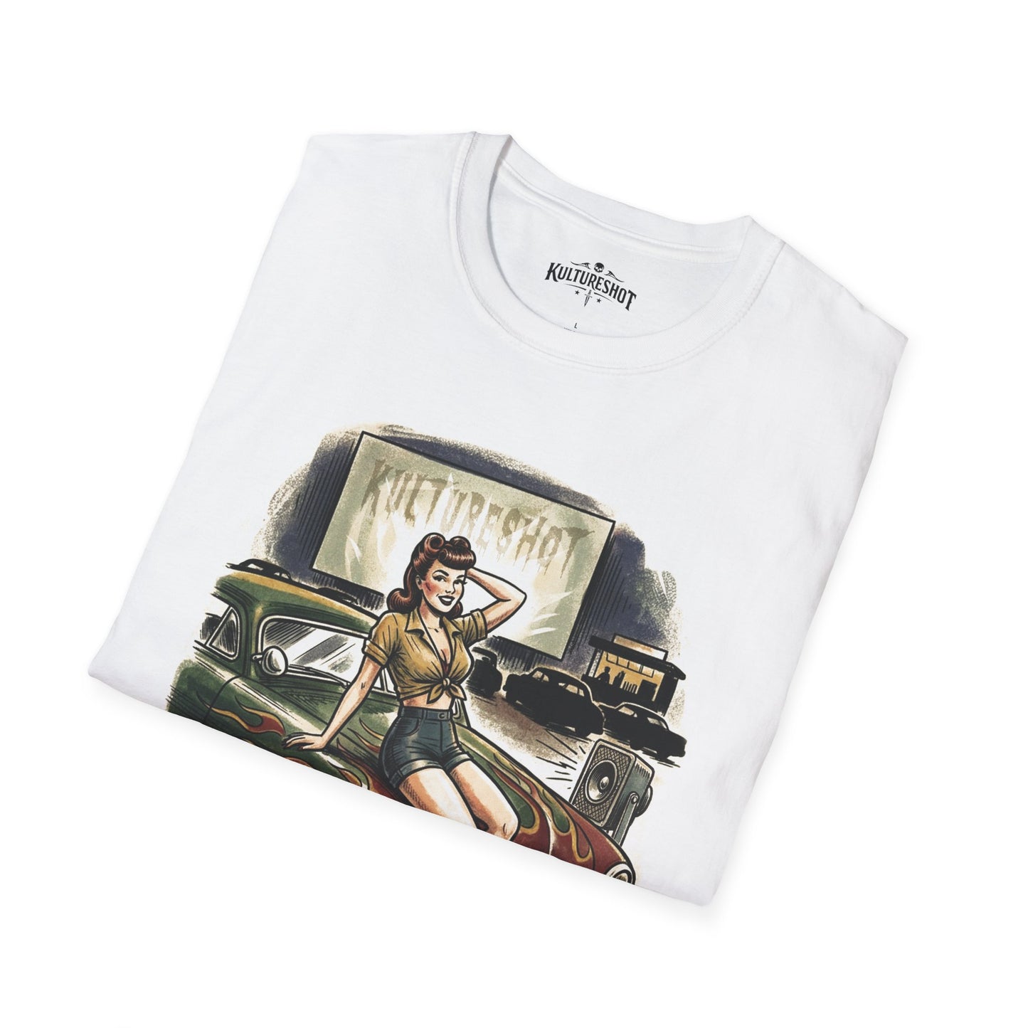 White t-shirt with vintage graphic design of a woman and car, featuring the brand 'Kultureshot'.