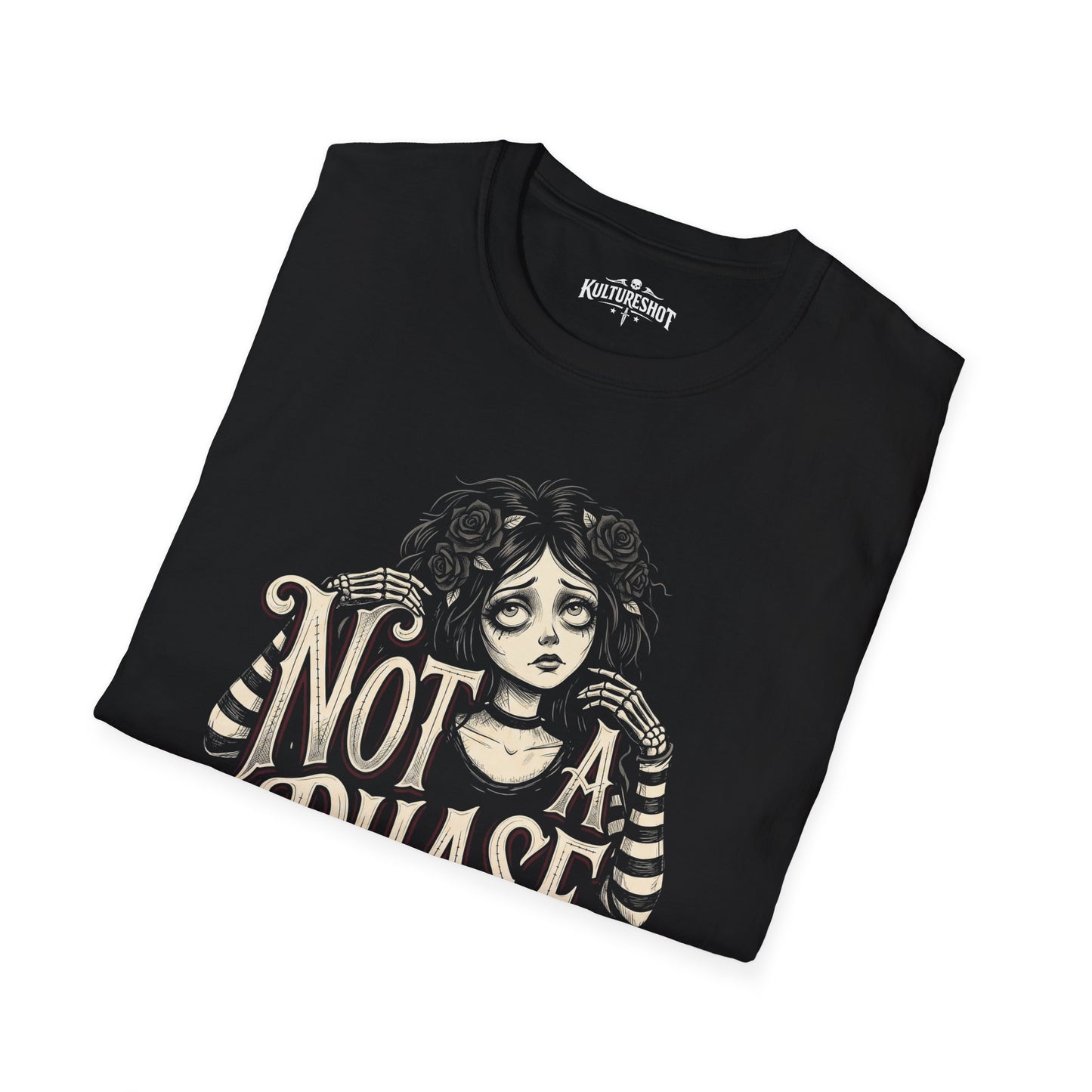 Black t-shirt with angel graphic on a white background