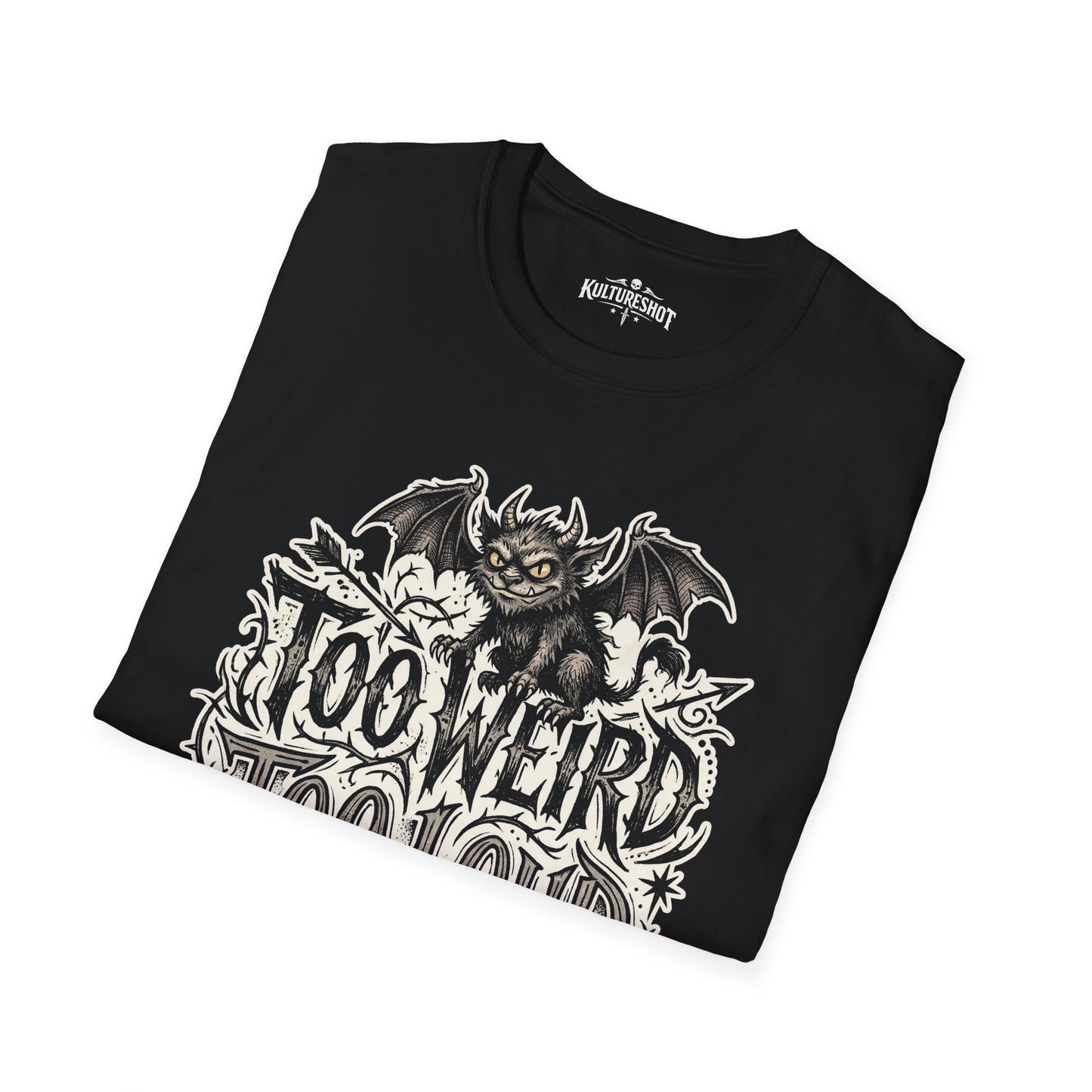 black shirt with graphic and kultureshot logo on a white background