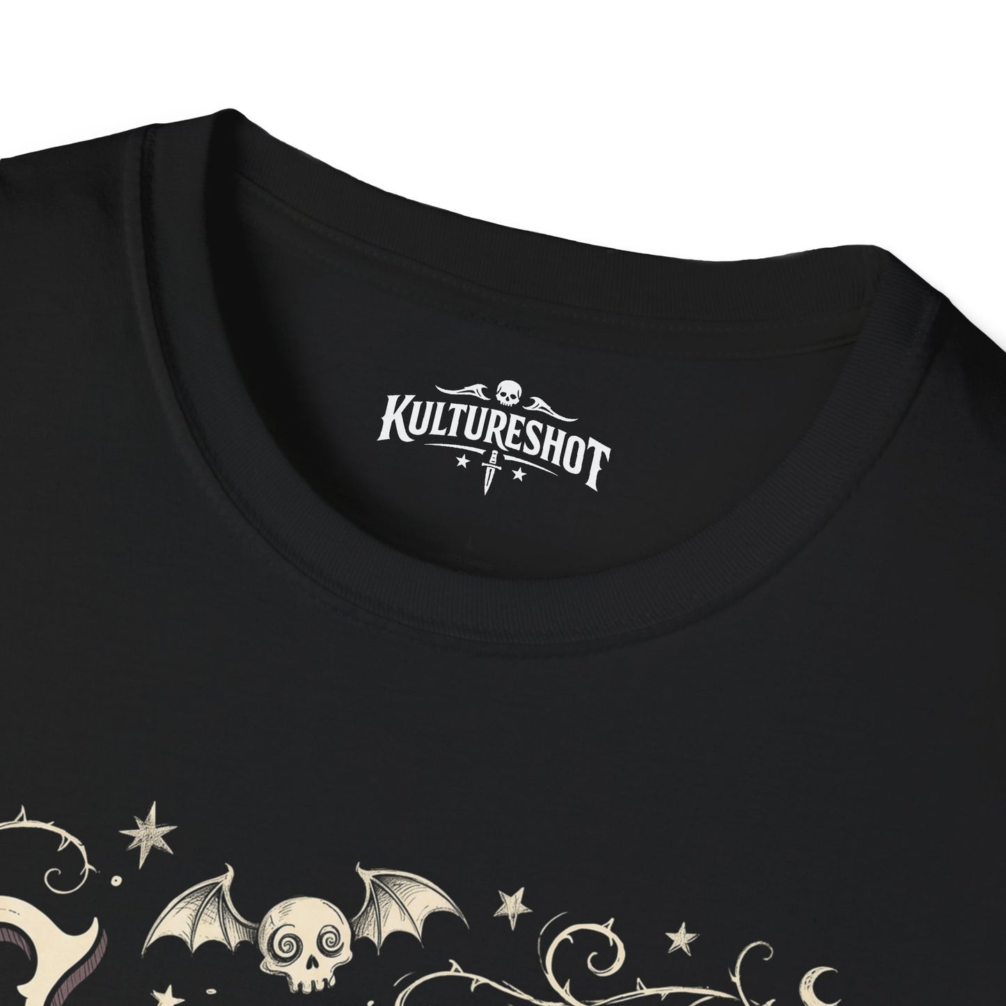 Black t-shirt with 'Kultureshot' logo and decorative design on a white background