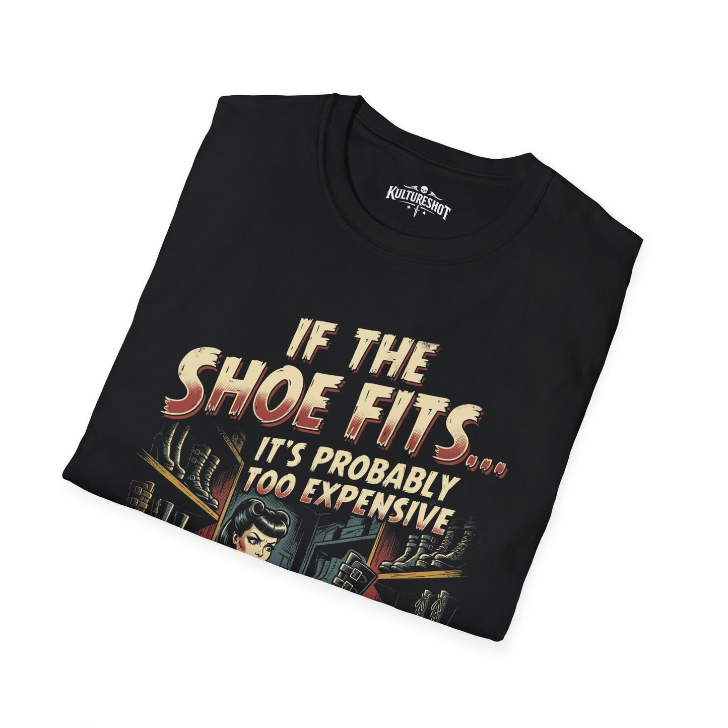 Black t-shirt with humorous text design on a white background