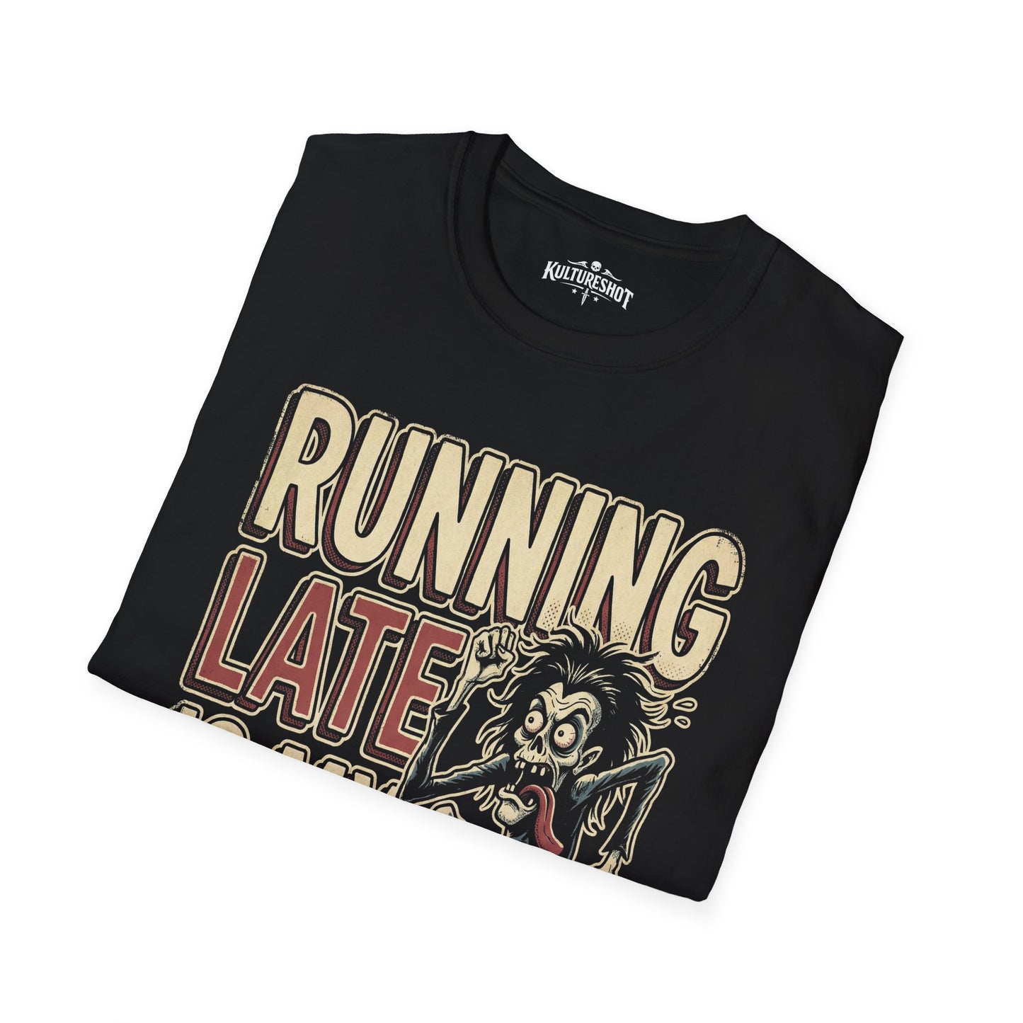 Black t-shirt with 'Running Late' graphic design on a white background