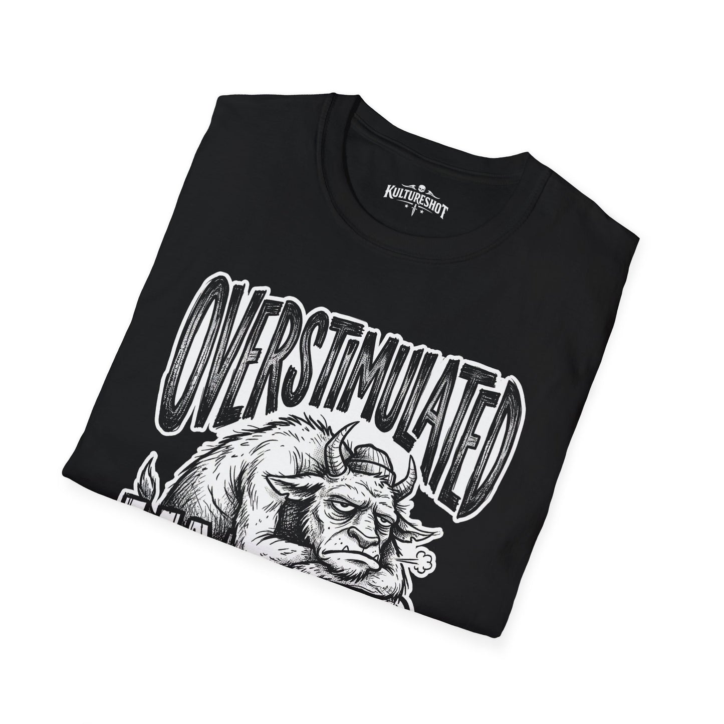 Black t-shirt with a kultureshot design on a white background