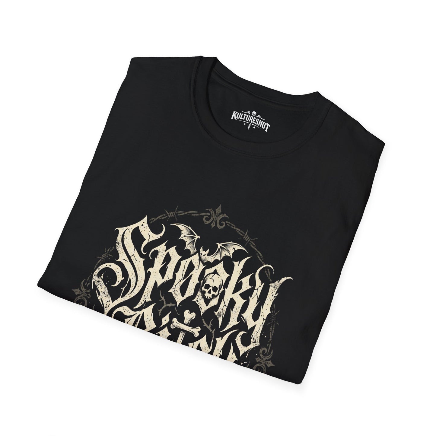 black t-shirt with white text design on a white background