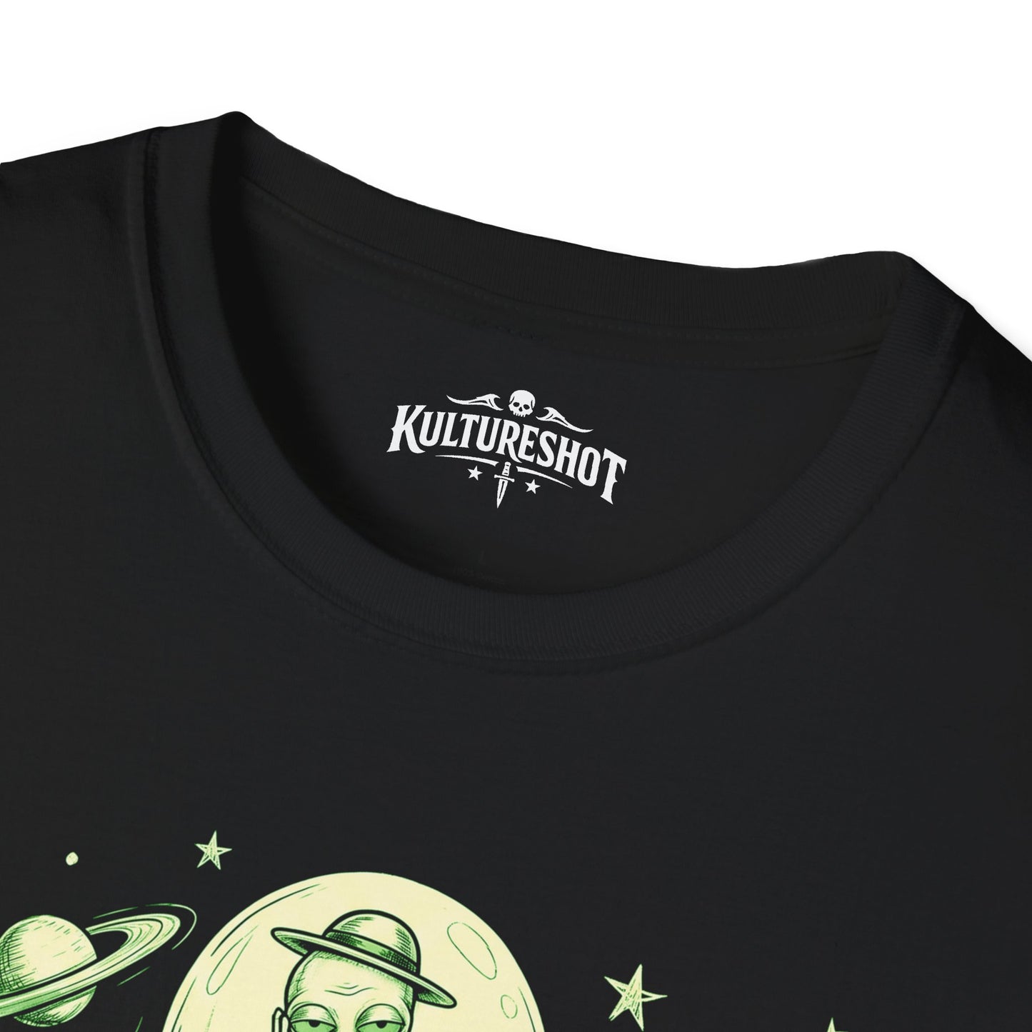 Black t-shirt with 'KultureShot' logo and space-themed design on a white background