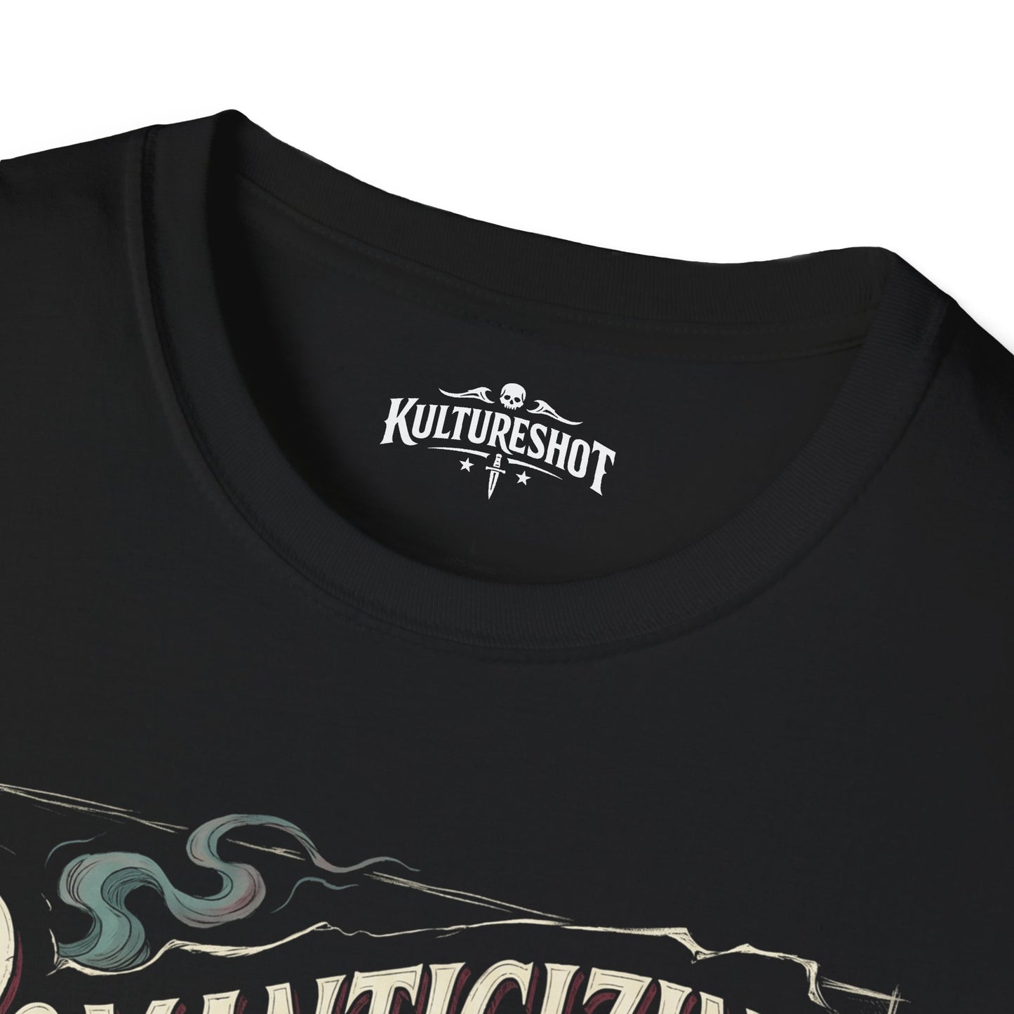 Black t-shirt with 'KultureShot' logo on a white background